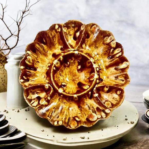 Retro Studio Art Pottery Bowl Ashtray Brown & Orange-Mid Century Vintage 1970s - Picture 1 of 6
